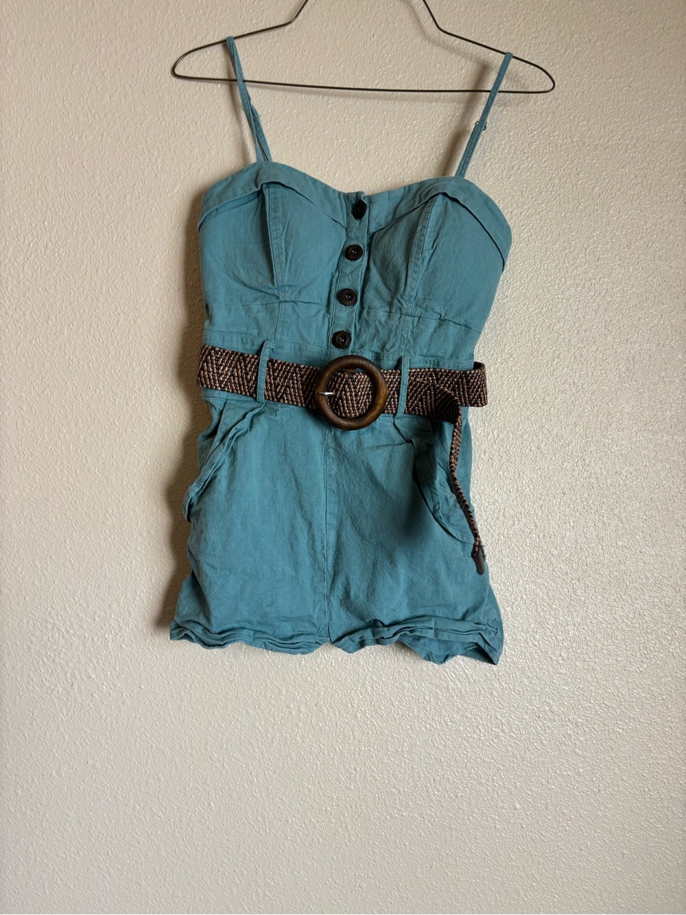 Blue Button-Front Romper with Belt